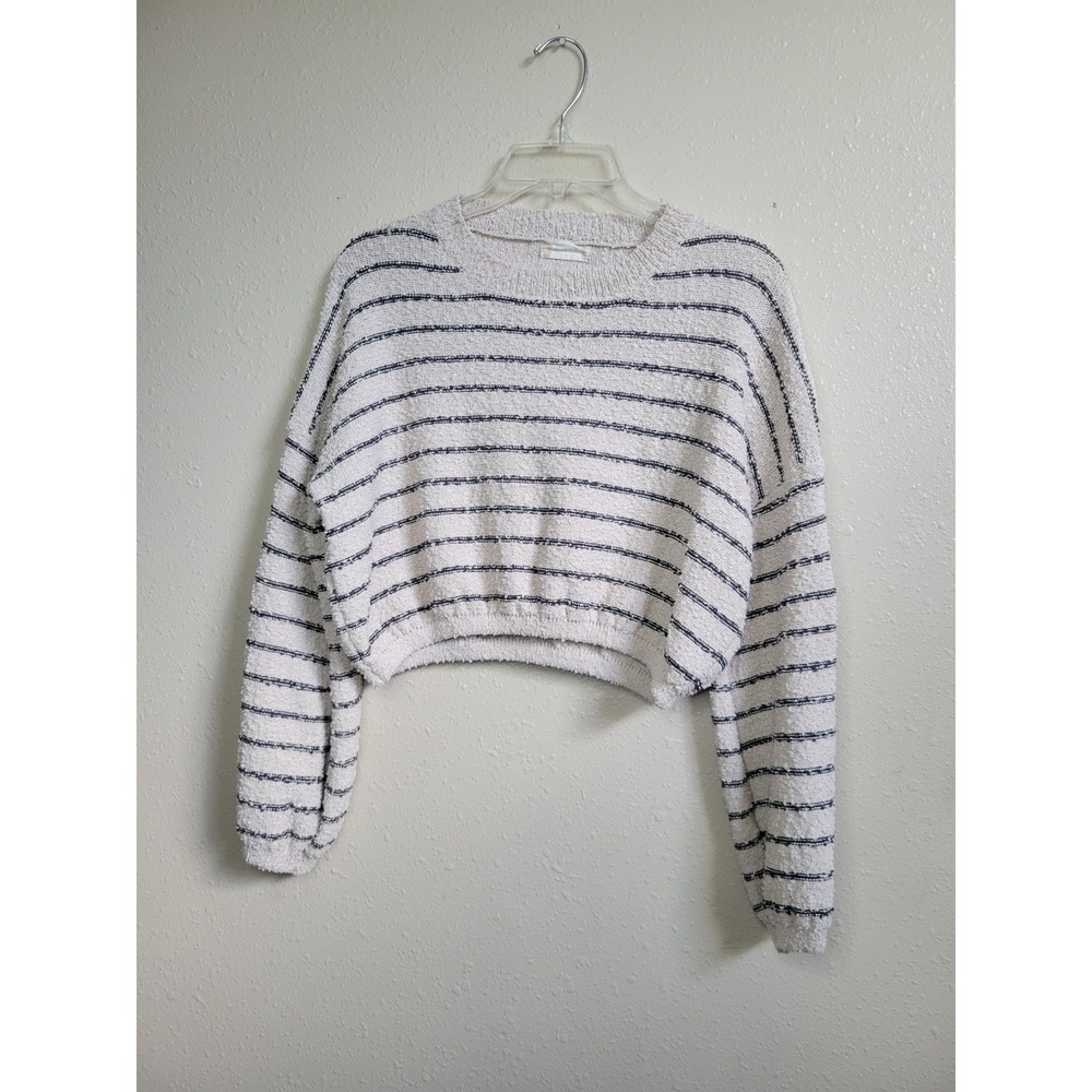 Altar'd State Women Striped Cropped Knit Sweater Cream Blue Small